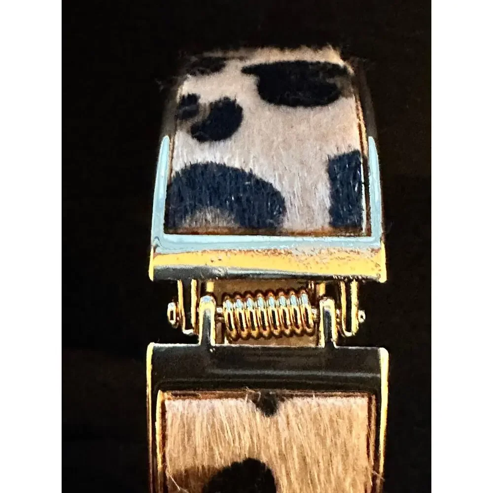 Plunder Gold Tone Leopard Print Hinged Bangle Cuff Bracelet
